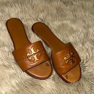 Tory Burch Everly Slide Sandals Calf Leather Gold Logo Tan Color Size 8.5